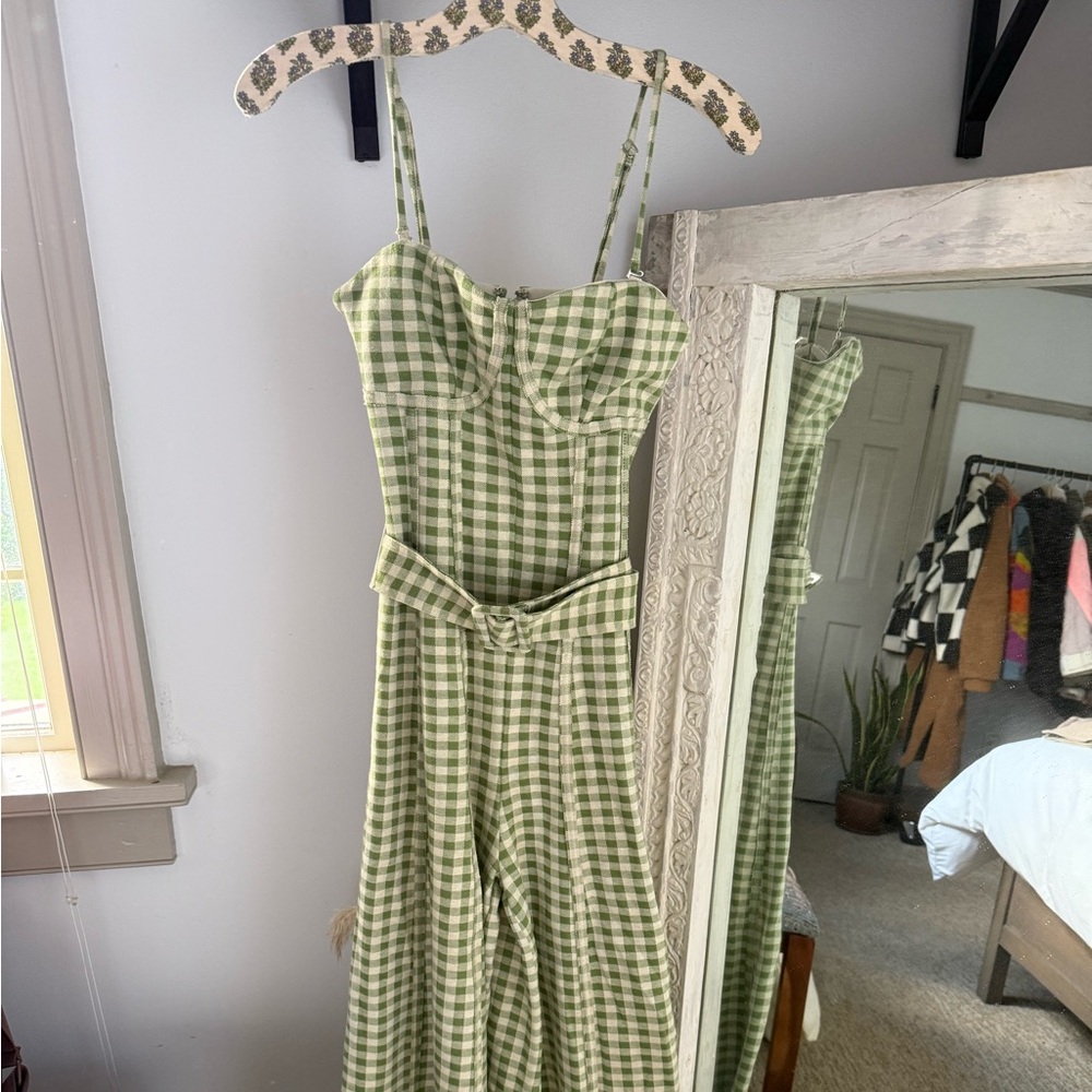 Free People Green Gingham Jumpsuit with Spaghetti Straps